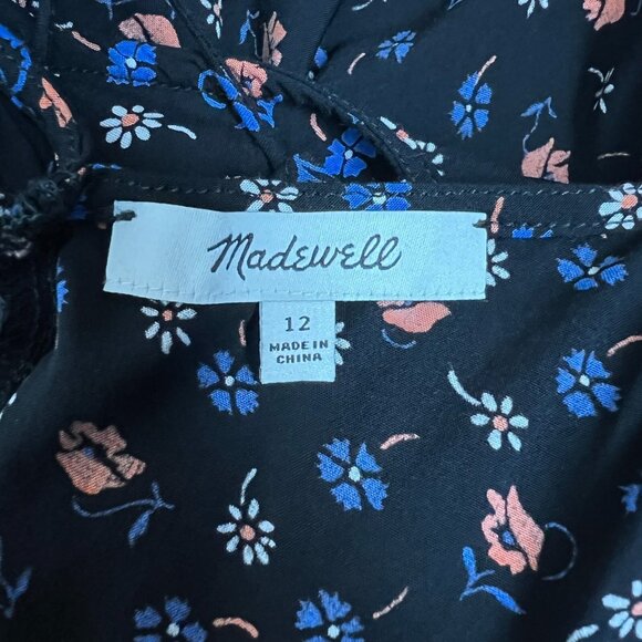 Madewell Midi Dress Womens 12 Black Floral Tie Back Slip Prairie Posies Sundress - Picture 13 of 13